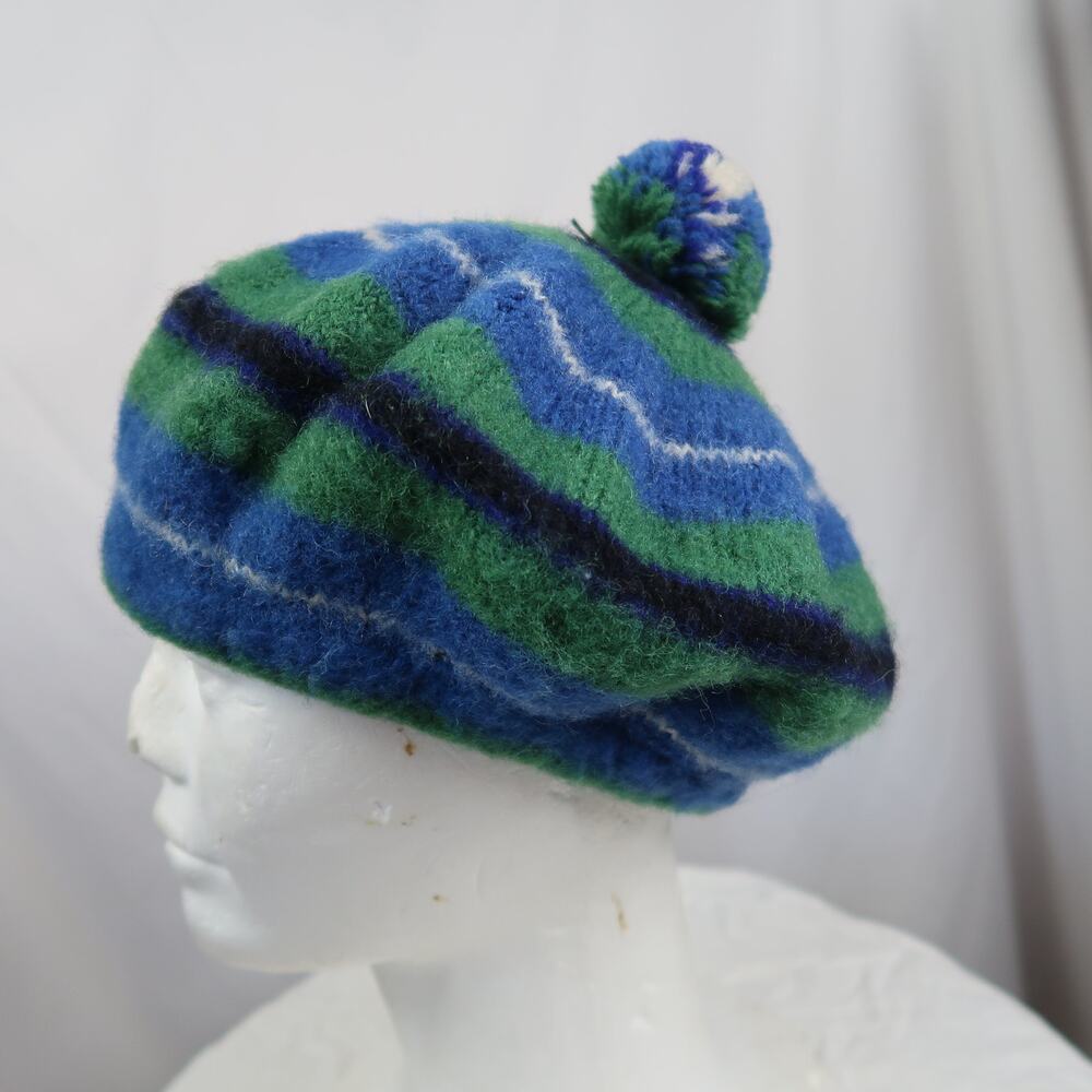 Vintage Ancient Douglas Blue and Green Stripe Wool Beret Hat Bobble Scottish - Picture 3 of 8